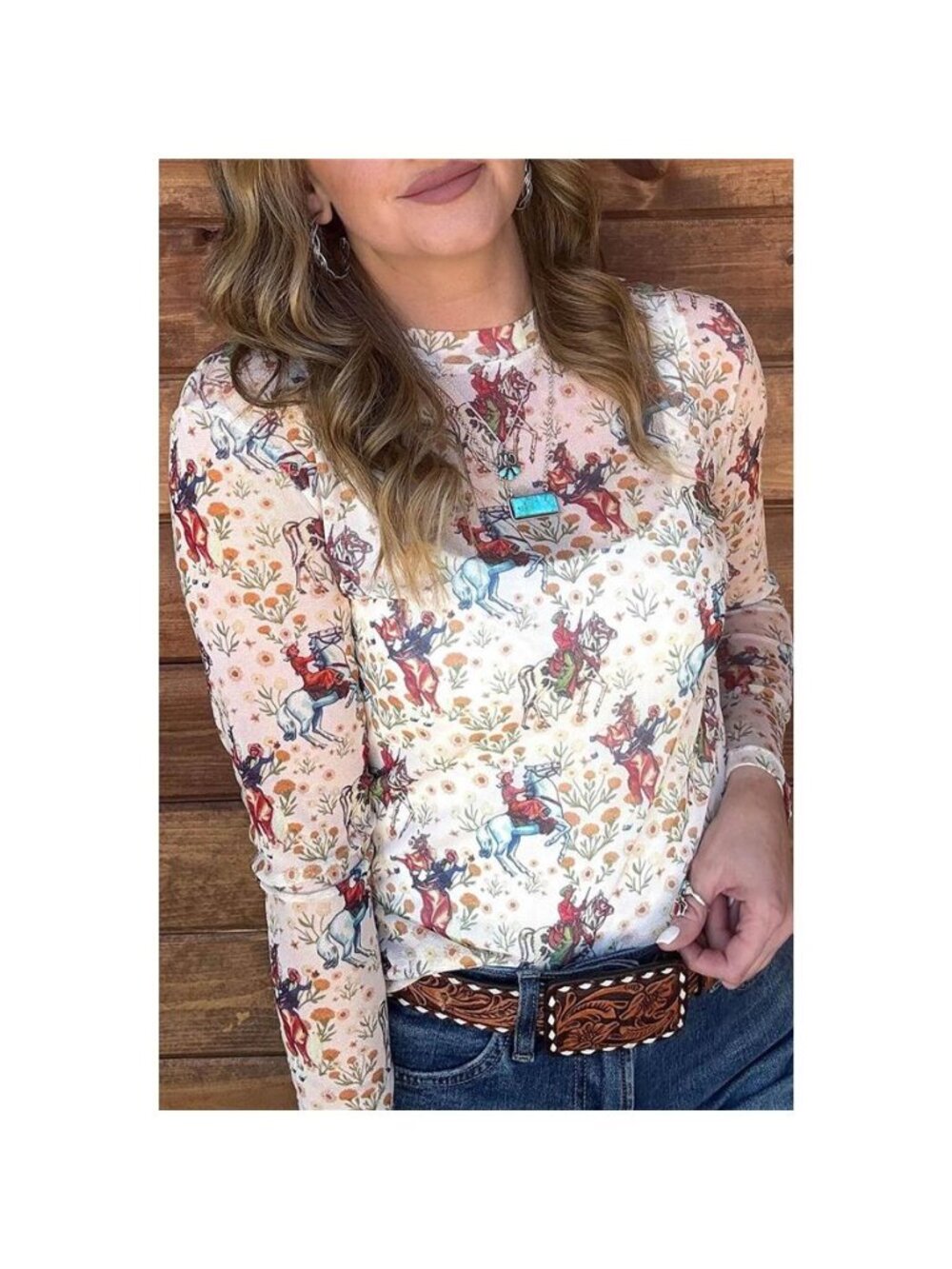 Cowboy Print Mesh Long Sleeve Top